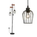 Miniatyrbillede 9 af 9: EMKE industriel gulvlampe – Dobbelt E27-fod, sort jernlampeskærm, brændt træfinish, 1,5 m høj