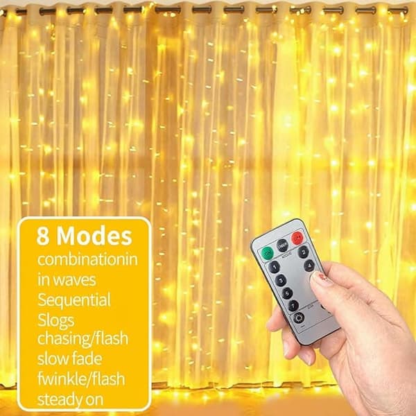 Solenergi Ljusslinga Gardin LED 3x3m - 300 LED, IP44 Vattentålig, 8 Ljussättningar, Varmvit