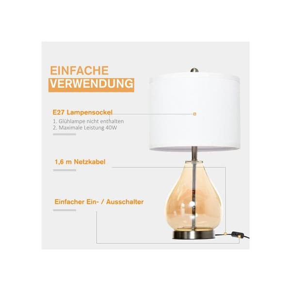 HOMCOM Bordlampor Set med 2 Sänglampor med E27-fattning, 40W, glas, linne, stål, amber, Ø30 x 56H cm