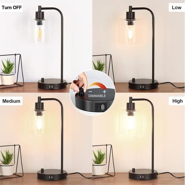 OBOSOE Bordlampe med 2 USB-porte – Industriel LED-natlampe, dæmpbar sengelampe med glasafdækning til soveværelse, stue & kontor – 6W Edison-pære inkl.
