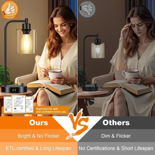 OBOSOE Bordlampe med 2 USB-porte – Industriel LED-natlampe, dæmpbar sengelampe med glasafdækning til soveværelse, stue & kontor – 6W Edison-pære inkl.