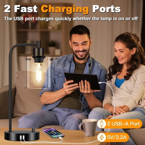 OBOSOE Bordlampe med 2 USB-porte – Industriel LED-natlampe, dæmpbar sengelampe med glasafdækning til soveværelse, stue & kontor – 6W Edison-pære inkl.