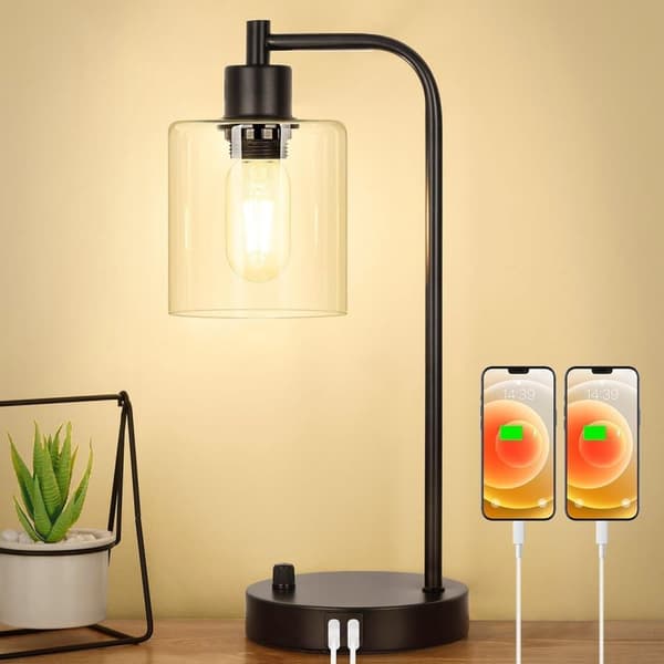OBOSOE Bordlampe med 2 USB-porte – Industriel LED-natlampe, dæmpbar sengelampe med glasafdækning til soveværelse, stue & kontor – 6W Edison-pære inkl.