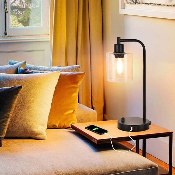 OBOSOE-pöytävalaisin USB-portilla portaaton kosketushimmennin lasinäyttö teollinen makuuhuone / toimisto LED, moderni lasikupoli yövalo