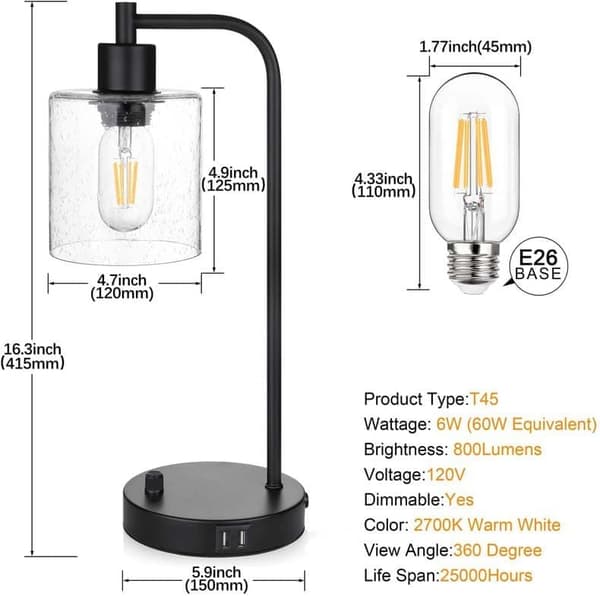 OBOSOE-pöytävalaisin USB-portilla portaaton kosketushimmennin lasinäyttö teollinen makuuhuone / toimisto LED, moderni lasikupoli yövalo