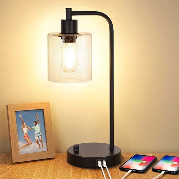 OBOSOE-pöytävalaisin USB-portilla portaaton kosketushimmennin lasinäyttö teollinen makuuhuone / toimisto LED, moderni lasikupoli yövalo