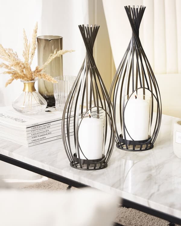 Sett med 2 lykter Svart Metall 38 cm Glassylinder Industriell stil Lysholder Dekor Innendørs Utendørs