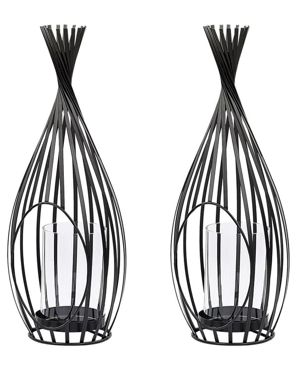 Sett med 2 lykter Svart Metall 38 cm Glassylinder Industriell stil Lysholder Dekor Innendørs Utendørs
