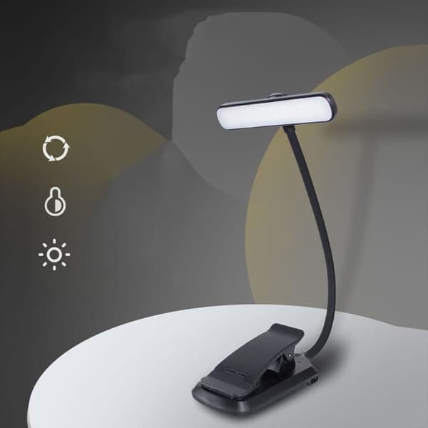 Läslampa/klämlampa, 2-pack LED-boklampa med 3 ljusfärger, roterbart huvud & ögonskydd – svart