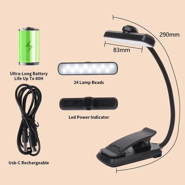 Läslampa/klämlampa, 2-pack LED-boklampa med 3 ljusfärger, roterbart huvud & ögonskydd – svart