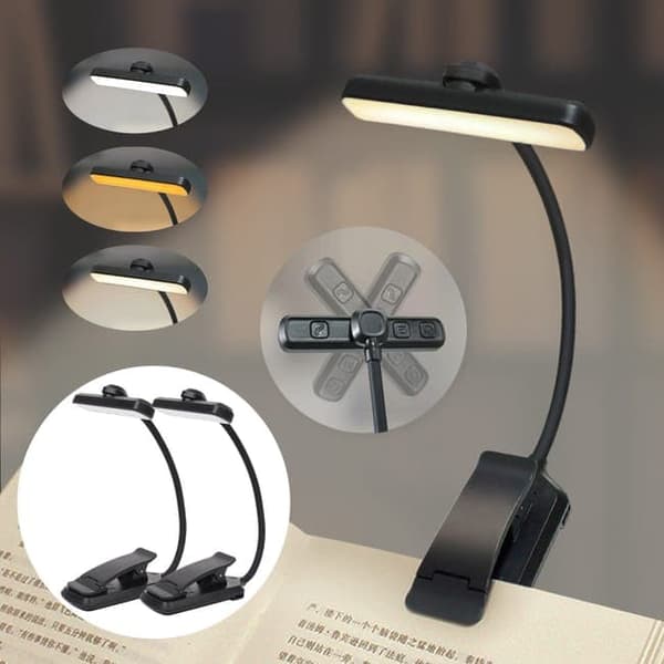 Läslampa/klämlampa, 2-pack LED-boklampa med 3 ljusfärger, roterbart huvud & ögonskydd – svart