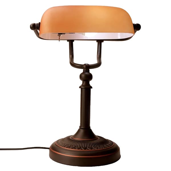 Bordslampa, frostat bärnsten glas skärm, traditionell järnfinish,frostad bärnsten