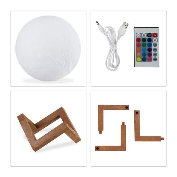 Relaxdays 3D månlampa, 16 färger, justerbar, med fjärrkontroll, med stativ, idealisk för barn; LED-belysning, 15 cm,