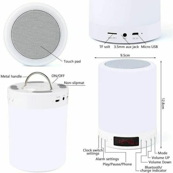 OBOSOE bordlampe bluetooth-højttaler – rgb natlys / skrivebordslampe med vækkeur, FM-radio og berøringskontrol, 7 farver, dæmpbar