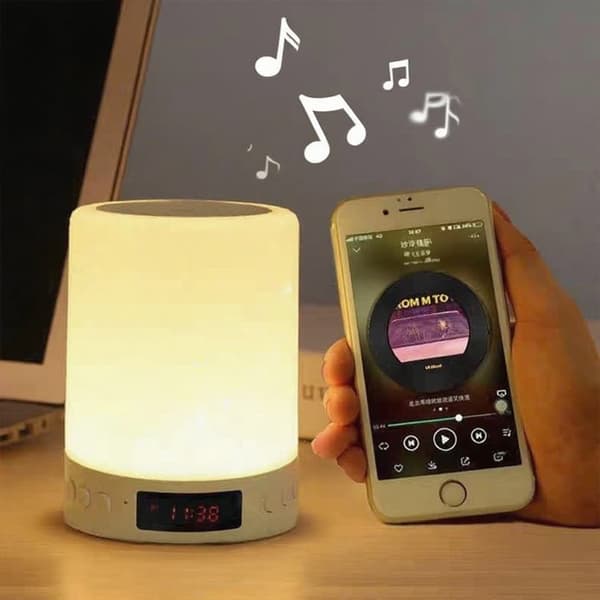 OBOSOE bordlampe bluetooth-højttaler – rgb natlys / skrivebordslampe med vækkeur, FM-radio og berøringskontrol, 7 farver, dæmpbar
