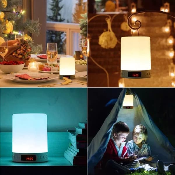 OBOSOE bordlampe bluetooth-højttaler – rgb natlys / skrivebordslampe med vækkeur, FM-radio og berøringskontrol, 7 farver, dæmpbar