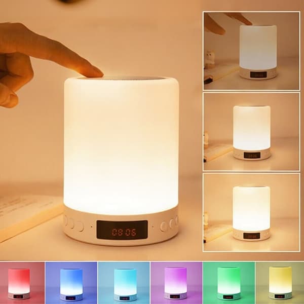 OBOSOE bordlampe bluetooth-højttaler – rgb natlys / skrivebordslampe med vækkeur, FM-radio og berøringskontrol, 7 farver, dæmpbar