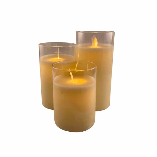 LED-ljus i glas - 3 st. - 12/15/17 cm - med 3D-låga - (flera färger)