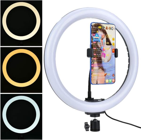 OBOSOE 10-tommer LED-ringlys med USB – justerbar i tre farver til makeup, selfies og livestream