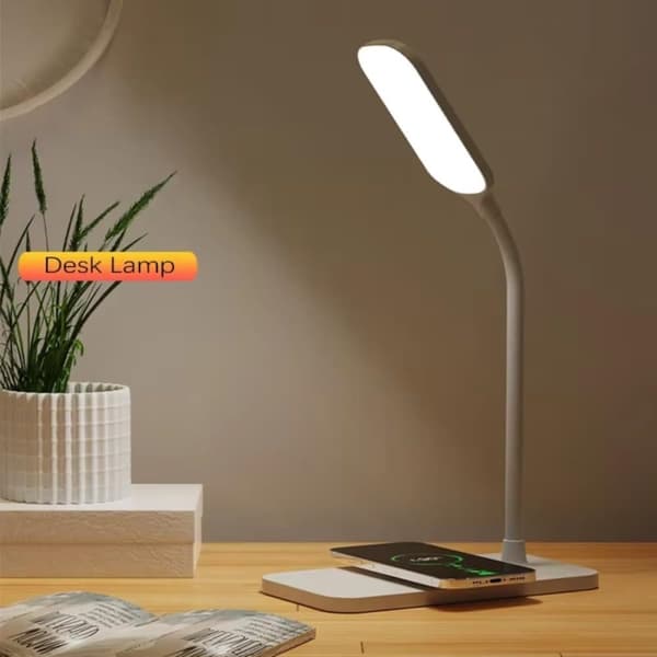 Bomclap Bordslampa med Trådlös Laddare & USB-Port, Justerbar Skrivbordslampa, Ögonvänlig Nattlampa för Läsning och Spel Vit