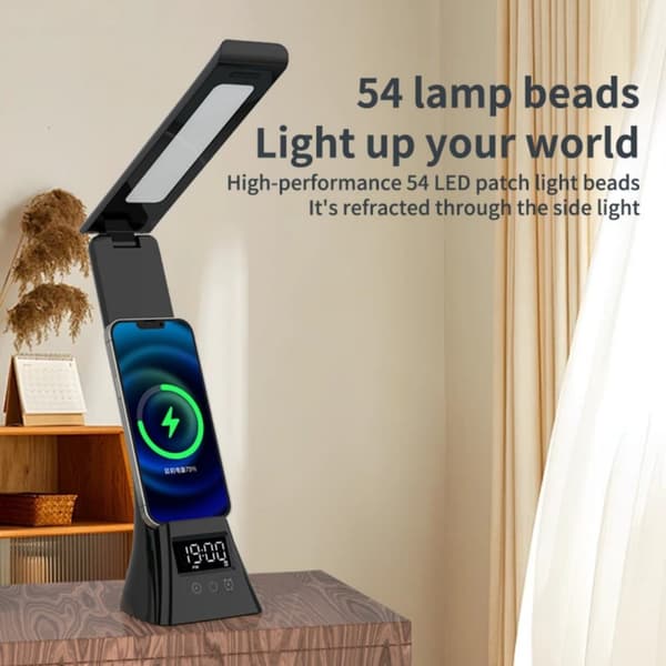 Bomclap LED Skrivebordslampe med Trådløs Opladning, Dæmpbart Lys og Ur, Justerbar Bordlampe