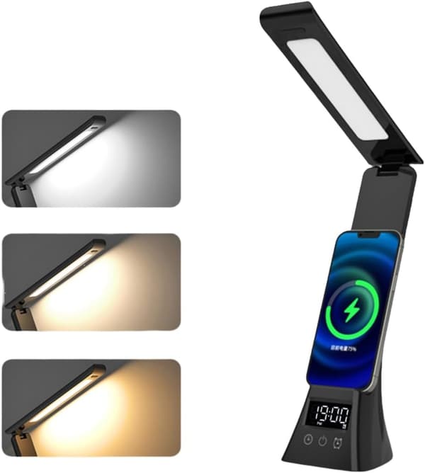 Bomclap LED Skrivebordslampe med Trådløs Opladning, Dæmpbart Lys og Ur, Justerbar Bordlampe Sort