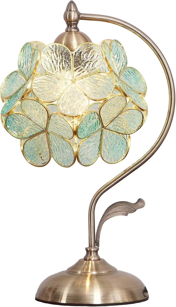 OBOSOE Tiffany Style Bordlampe med Glasblomster og Messing Base – Elegant Skrivebordslampe