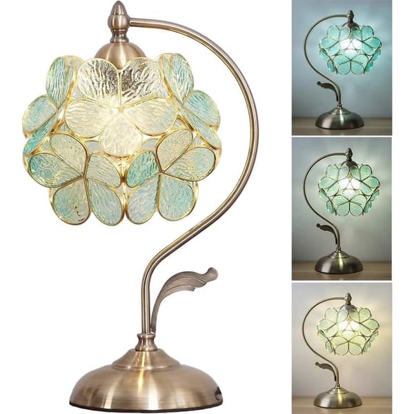 OBOSOE Tiffany Style Bordlampe med Glasblomster og Messing Base – Elegant Skrivebordslampe Grøn Tredubbel färgändring
