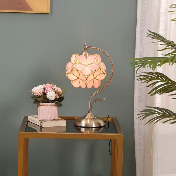 OBOSOE Tiffany Style Bordlampe med Glasblomster og Messing Base – Elegant Skrivebordslampe