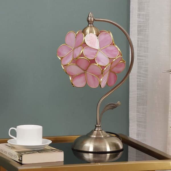 OBOSOE Tiffany Style Bordlampe med Glasblomster og Messing Base – Elegant Skrivebordslampe