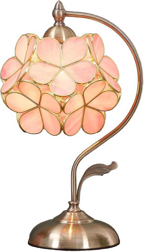 OBOSOE Tiffany Style Bordlampe med Glasblomster og Messing Base – Elegant Skrivebordslampe