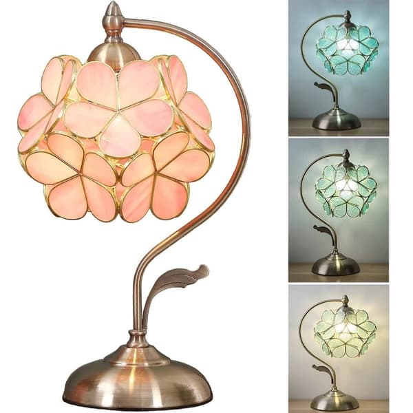 OBOSOE Tiffany Style Bordlampe med Glasblomster og Messing Base – Elegant Skrivebordslampe