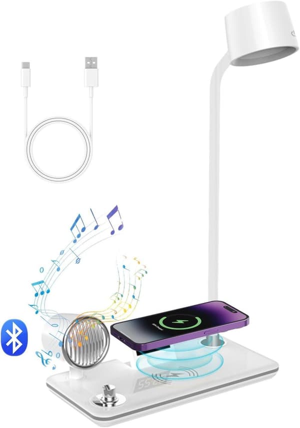 OBOSOE LED-pöytävalaisin langattomalla latauksella, Bluetoothilla ja kellolla – himmennettävä yövalopöytävalaisin kosketuksella Valkoinen