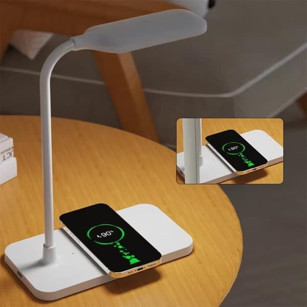 OBOSOES Skrivebordslampe/Bordlampe med Trådløs Opladning & USB – Dæmpbar Natlys LED-lampe til Natborde, Læsning og Spil