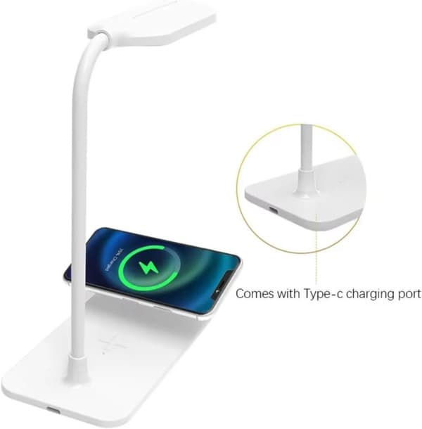 OBOSOES Skrivebordslampe/Bordlampe med Trådløs Opladning & USB – Dæmpbar Natlys LED-lampe til Natborde, Læsning og Spil