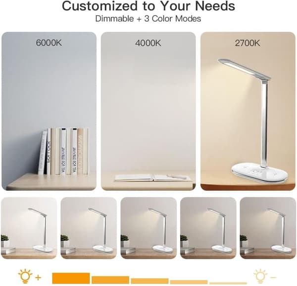 OBOSOE skrivebordslampe med trådløs opladning – justerbar dæmpende bordlampe, drejelig og foldbar LED-lampe
