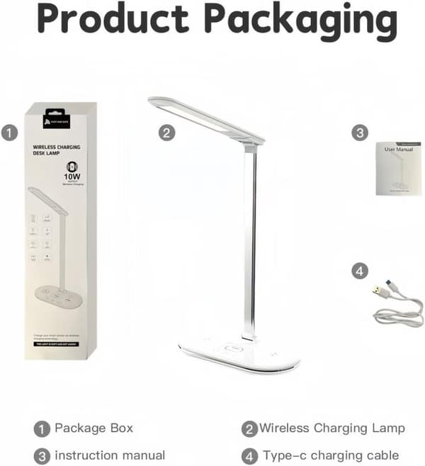 OBOSOE skrivebordslampe med trådløs opladning – justerbar dæmpende bordlampe, drejelig og foldbar LED-lampe