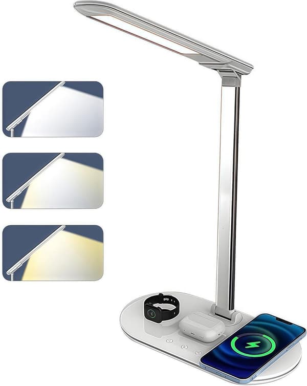 OBOSOE skrivebordslampe med trådløs opladning – justerbar dæmpende bordlampe, drejelig og foldbar LED-lampe