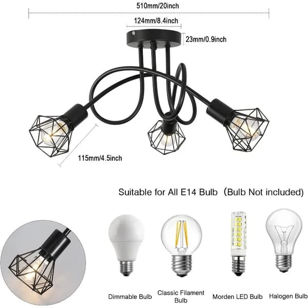 Taklampa, Industriell Stil, 3-Ljuskälla Design, Lämplig för E14 Glödlampor,Ingen lampa, svart