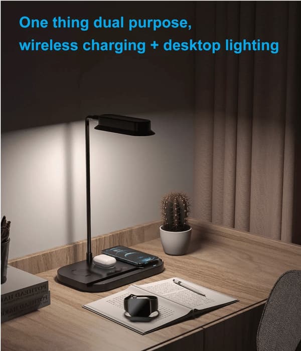 LED-bordslampa med dimmer och trådlös laddare för smartphones (4-i-1)