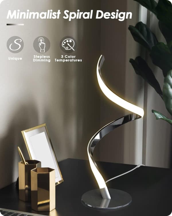 OBOSOE moderne spiralbordlampe med LED, Touch Control, 3 farver og trinløs lysdæmper, natbordslampe til soveværelse og stue