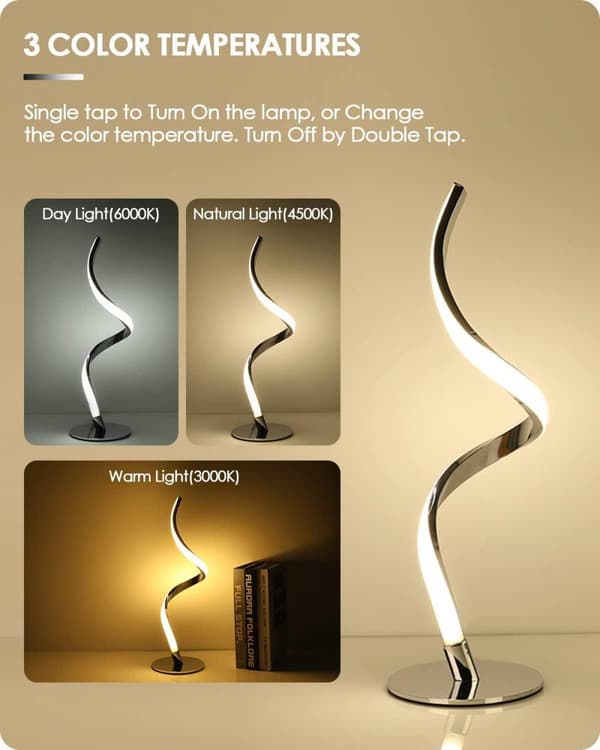 OBOSOE moderne spiralbordlampe med LED, Touch Control, 3 farver og trinløs lysdæmper, natbordslampe til soveværelse og stue