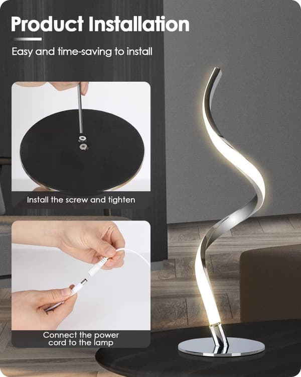 OBOSOE moderne spiralbordlampe med LED, Touch Control, 3 farver og trinløs lysdæmper, natbordslampe til soveværelse og stue