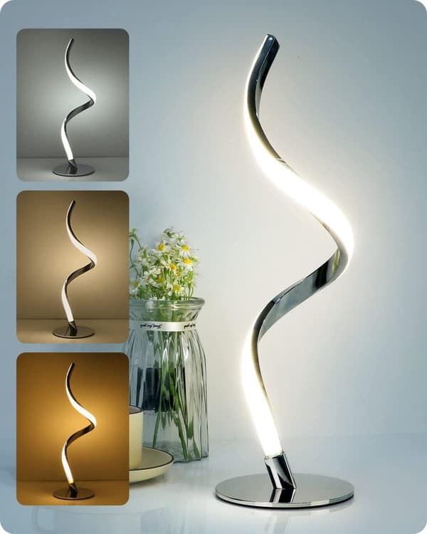 OBOSOE moderne spiralbordlampe med LED, Touch Control, 3 farver og trinløs lysdæmper, natbordslampe til soveværelse og stue Sølv Tredjefärgsdimmer