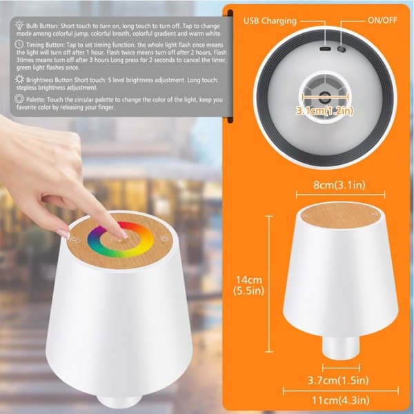 OBOSOE LED-pöytävalaisin Langaton ladattava yövalo RGB himmennettävä kosketuksella IP54 kotiin