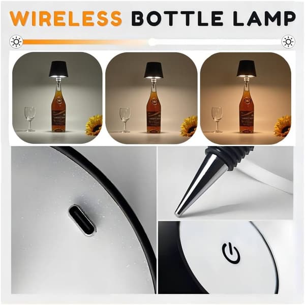 OBOSOE LED-pullolamppu, himmennettävä pöytävalaisin viini- ja viskipulloille, langaton ja ladattava