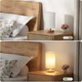 Miniatyrbillede 4 af 5: OBOSOE varm hvid USB sengelampe i hør – minimalistisk bordlampe med trædetaljer