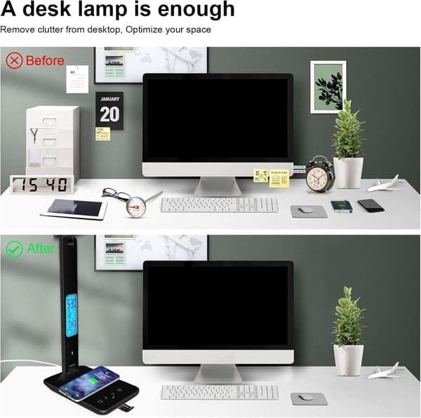 OBOSOE pöytävalaisin langattomalla latauksella – himmennettävä LED-pöytävalaisin kellolla ja USB-portilla
