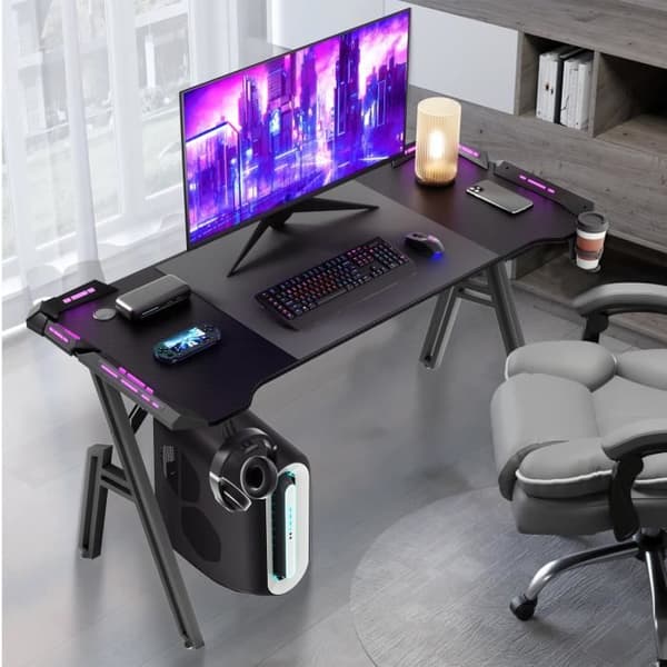 XMTECH Spelbord - Justerbart ergonomiskt skrivbord - LED-belysning - Kolfiber - Svart