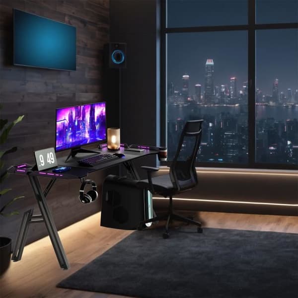 XMTECH Spelbord - Justerbart ergonomiskt skrivbord - LED-belysning - Kolfiber - Svart